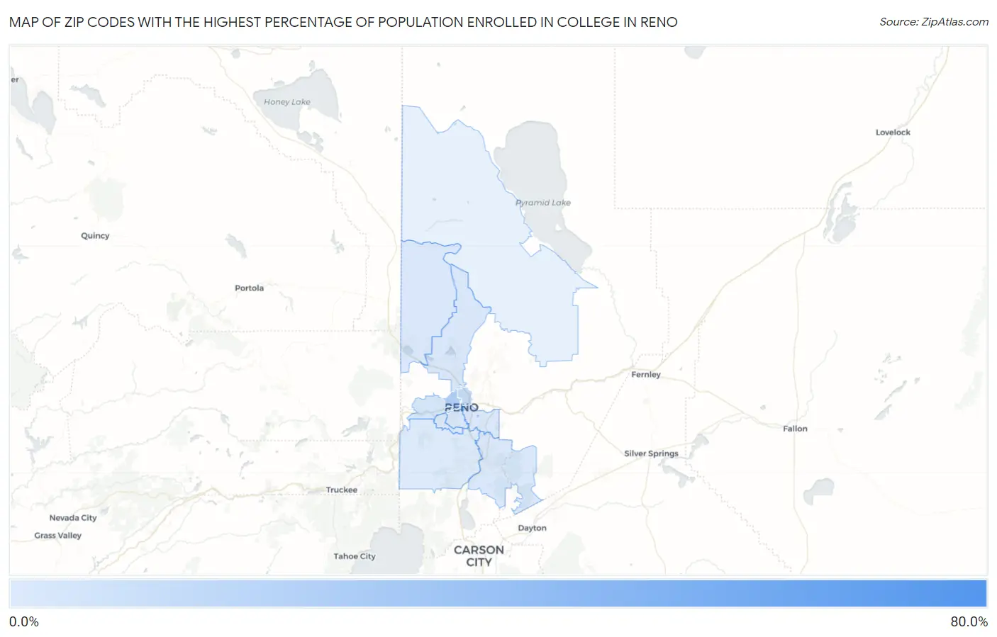Zip Codes with the Highest Percentage of Population Enrolled in College in Reno Map