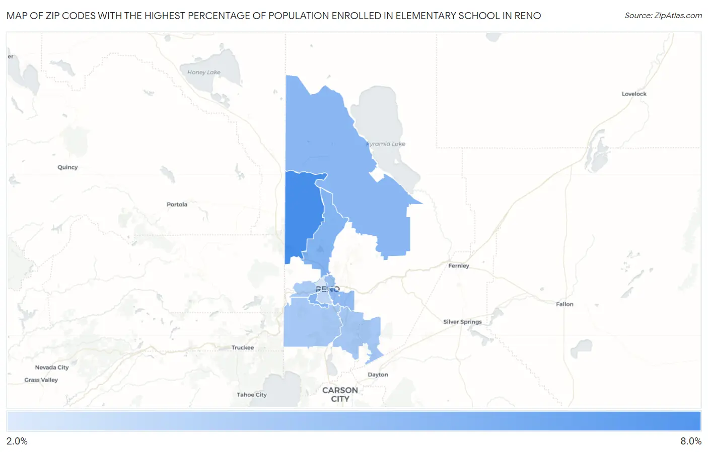 Zip Codes with the Highest Percentage of Population Enrolled in Elementary School in Reno Map