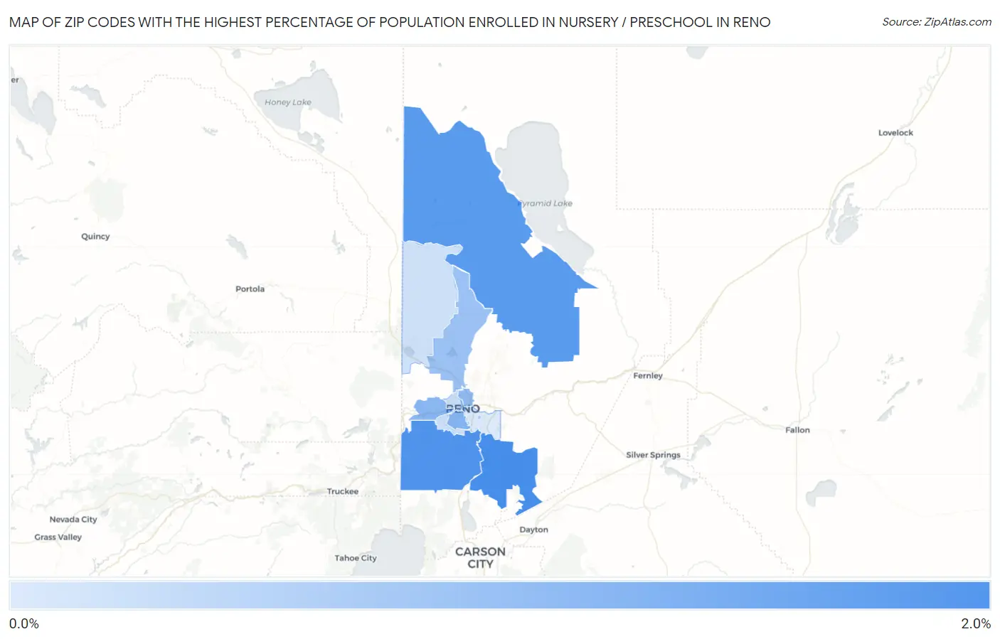 Zip Codes with the Highest Percentage of Population Enrolled in Nursery / Preschool in Reno Map