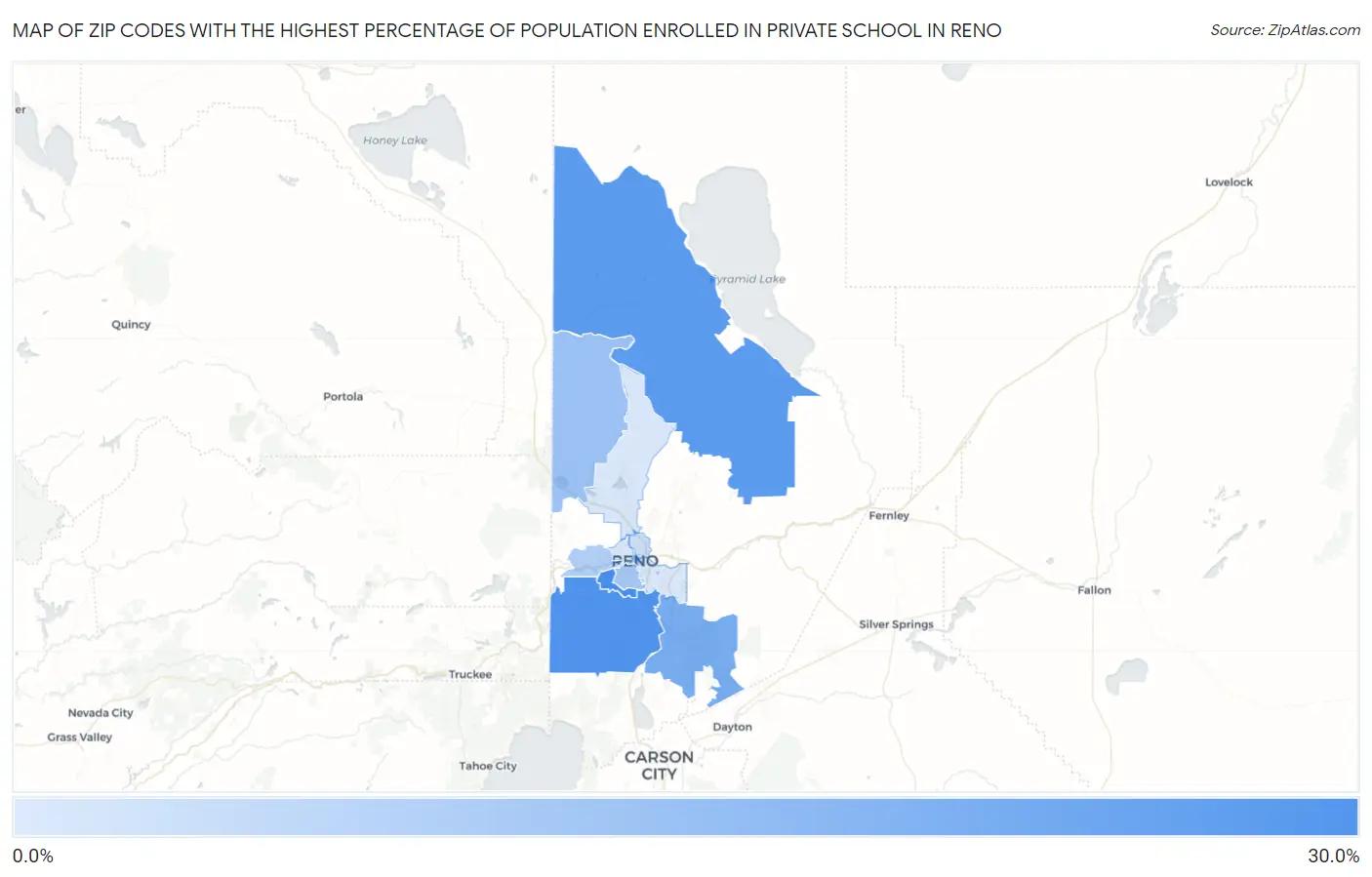 Zip Codes with the Highest Percentage of Population Enrolled in Private School in Reno Map