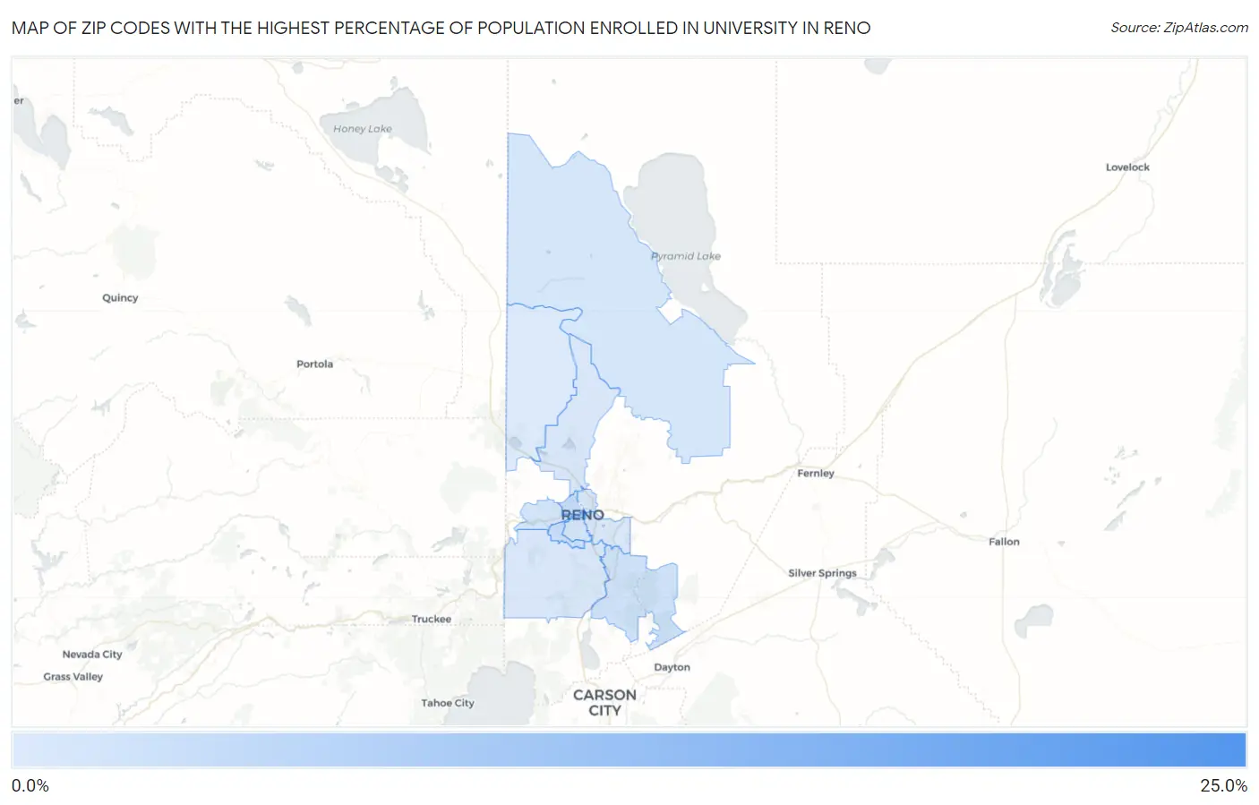 Zip Codes with the Highest Percentage of Population Enrolled in University in Reno Map