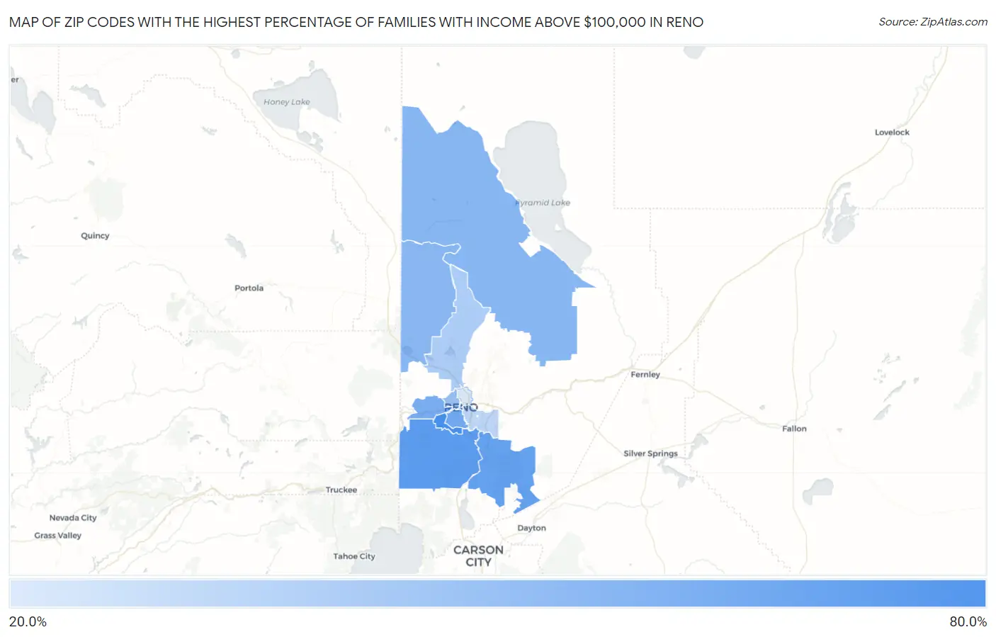 Zip Codes with the Highest Percentage of Families with Income Above $100,000 in Reno Map
