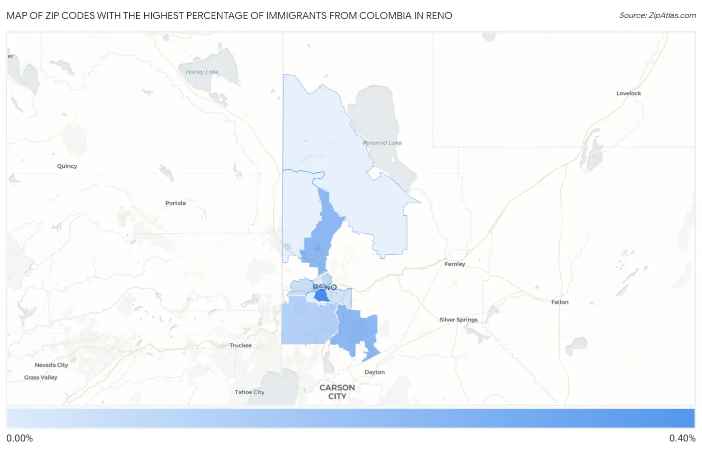 Zip Codes with the Highest Percentage of Immigrants from Colombia in Reno Map