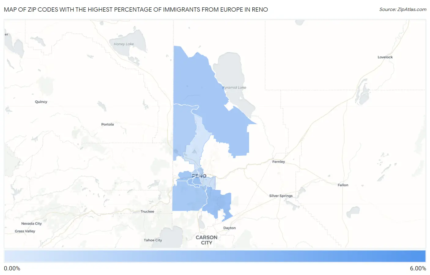 Zip Codes with the Highest Percentage of Immigrants from Europe in Reno Map
