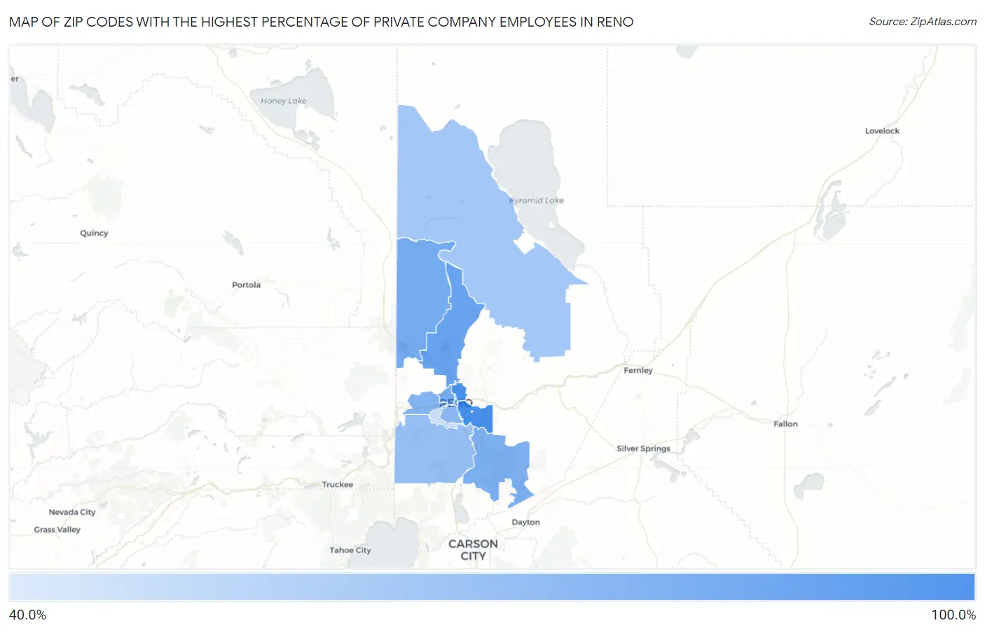 Zip Codes with the Highest Percentage of Private Company Employees in Reno Map