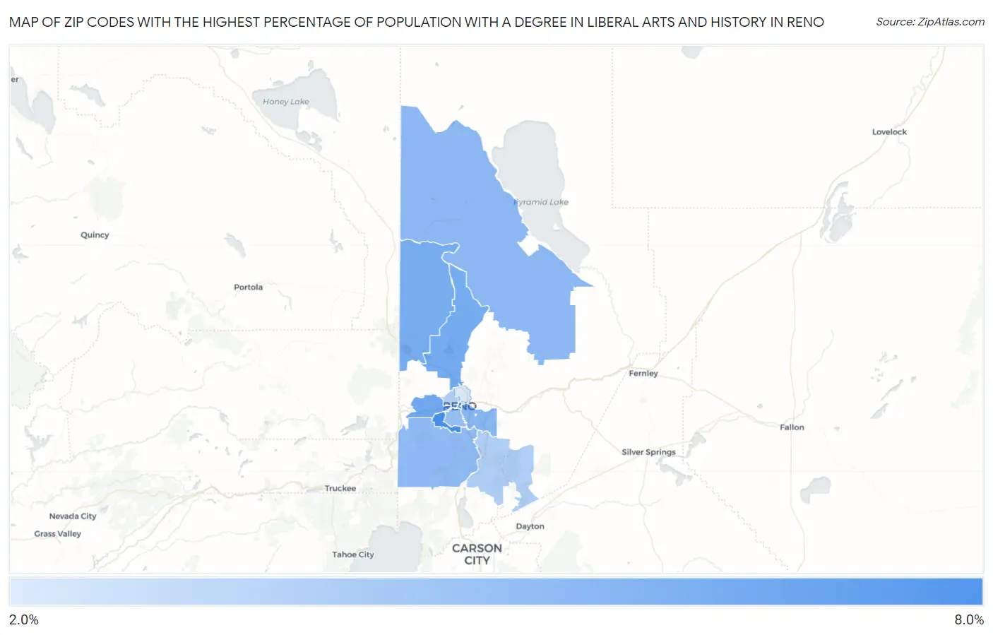 Zip Codes with the Highest Percentage of Population with a Degree in Liberal Arts and History in Reno Map