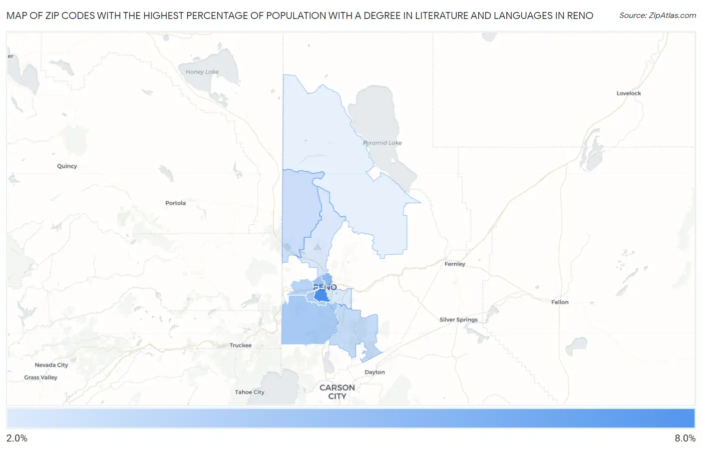 Zip Codes with the Highest Percentage of Population with a Degree in Literature and Languages in Reno Map