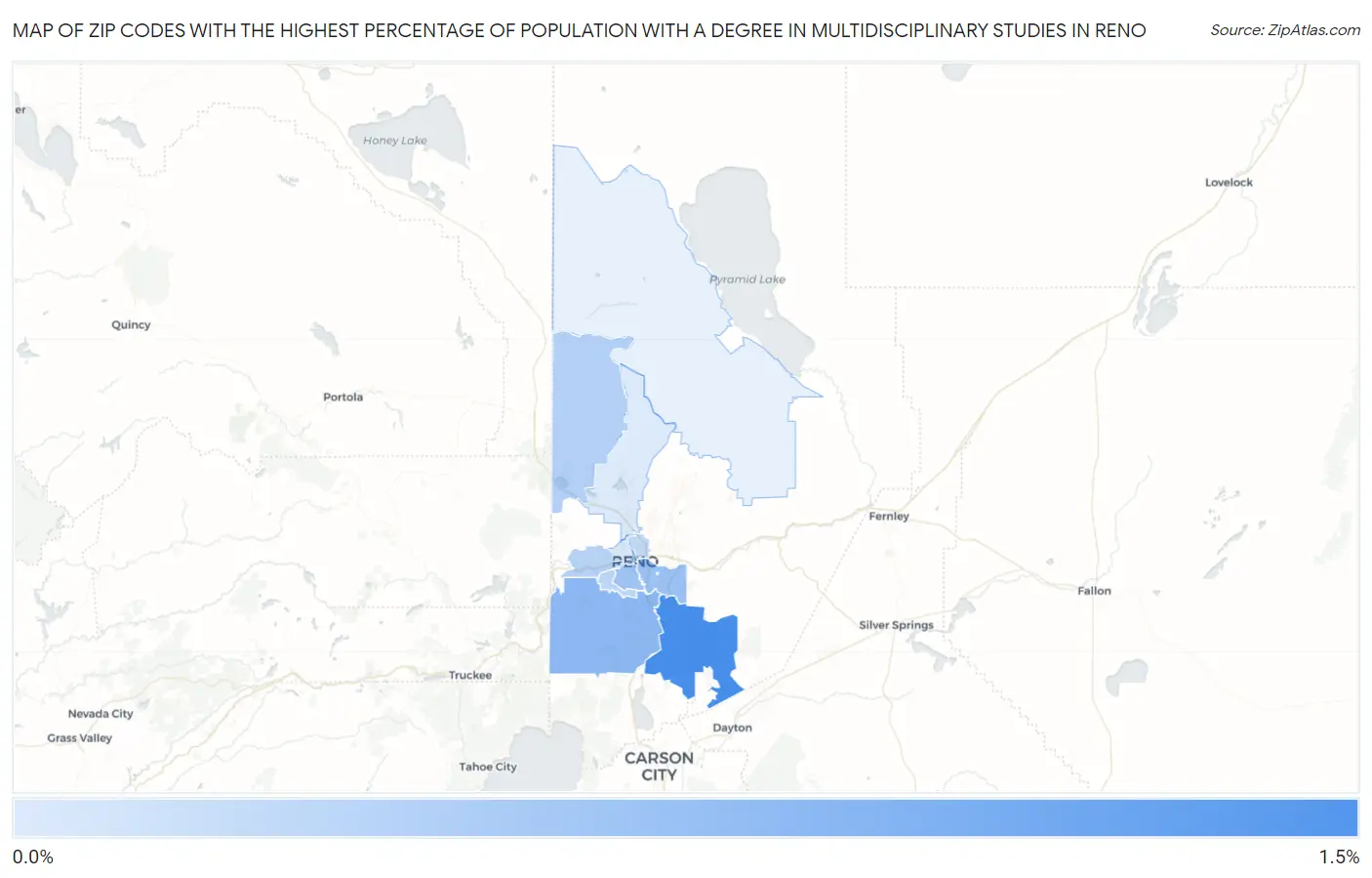 Zip Codes with the Highest Percentage of Population with a Degree in Multidisciplinary Studies in Reno Map