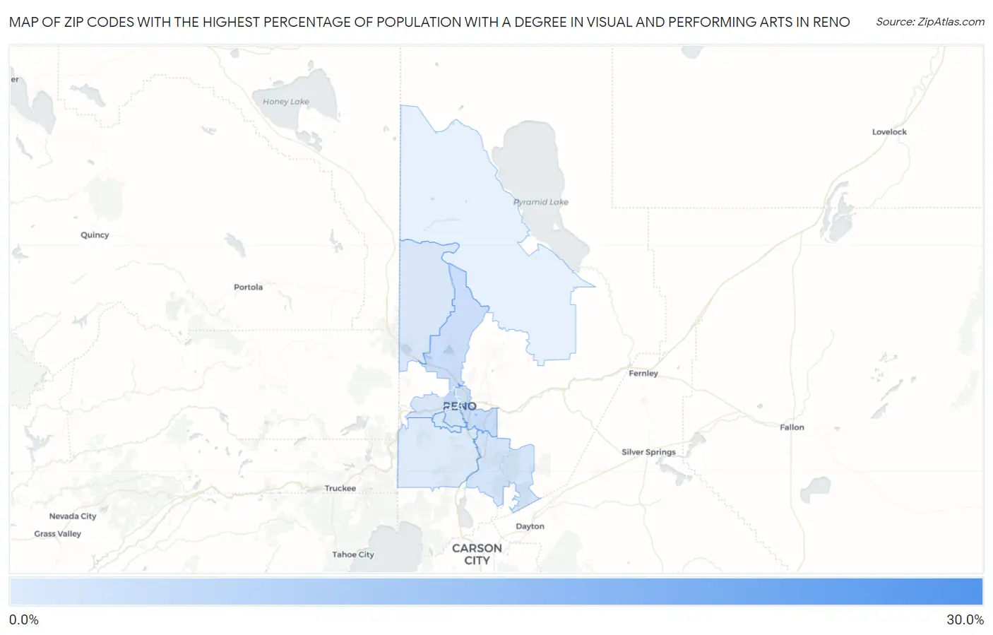 Zip Codes with the Highest Percentage of Population with a Degree in Visual and Performing Arts in Reno Map