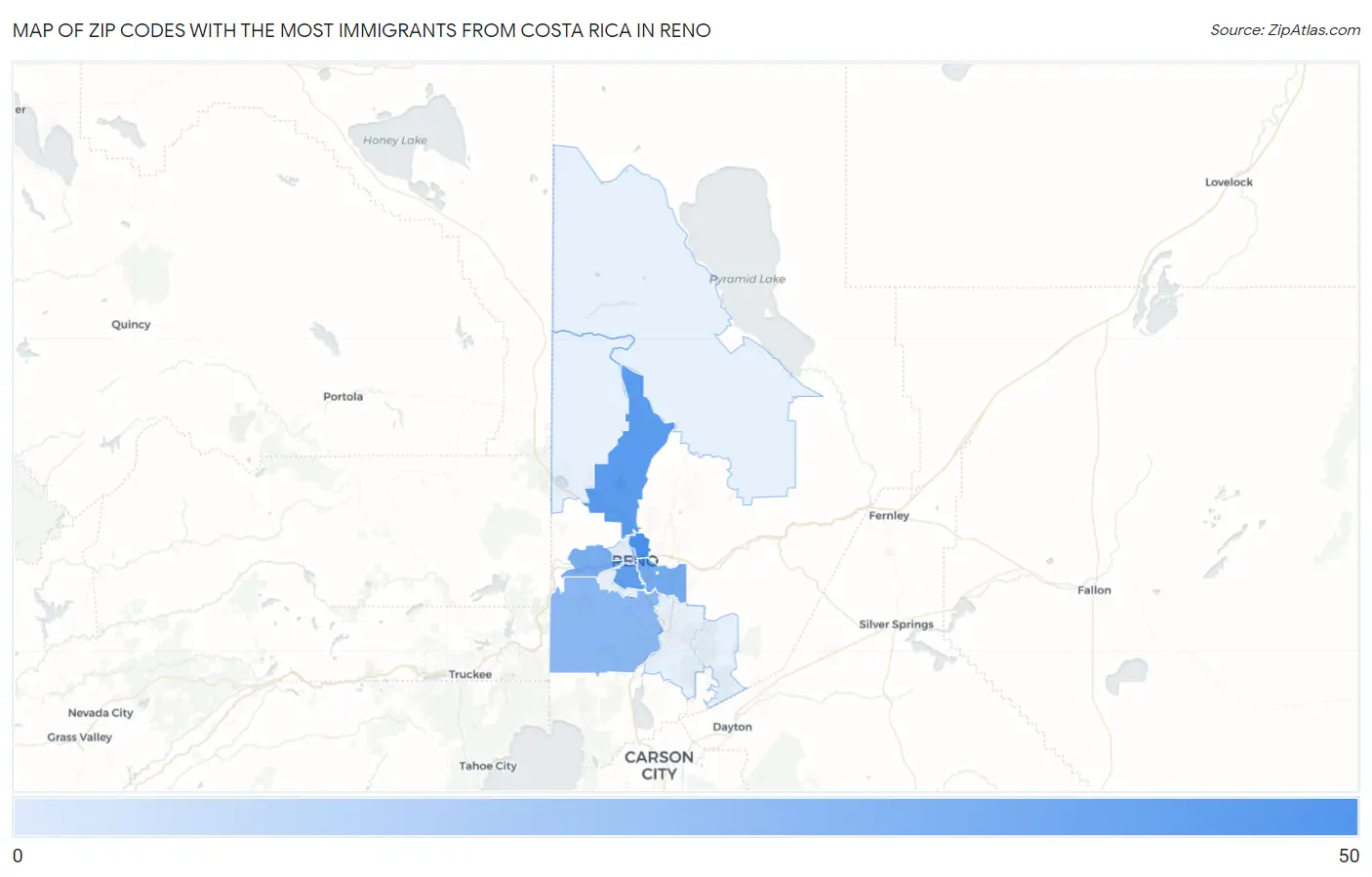 Zip Codes with the Most Immigrants from Costa Rica in Reno Map