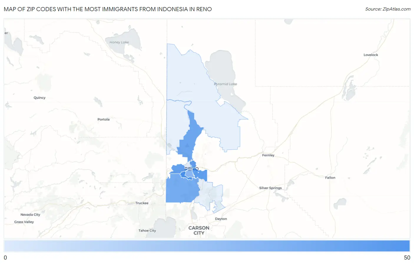 Zip Codes with the Most Immigrants from Indonesia in Reno Map