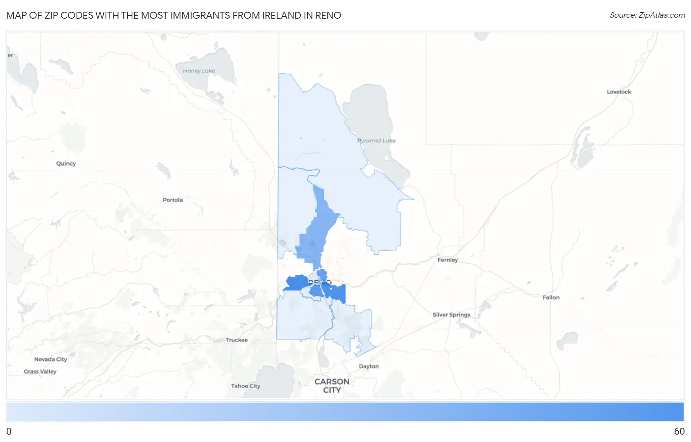 Zip Codes with the Most Immigrants from Ireland in Reno Map