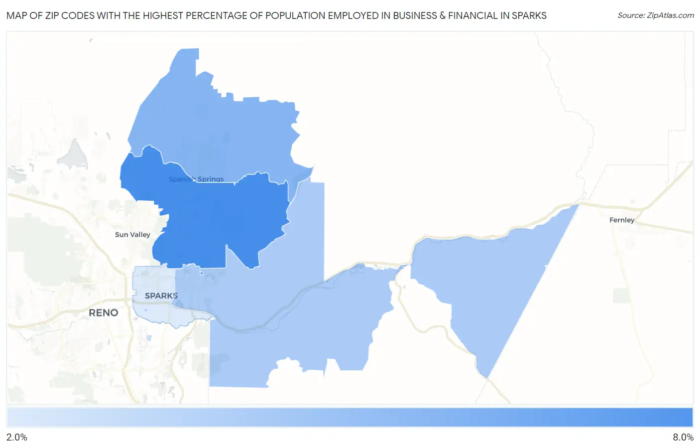Zip Codes with the Highest Percentage of Population Employed in Business & Financial in Sparks Map