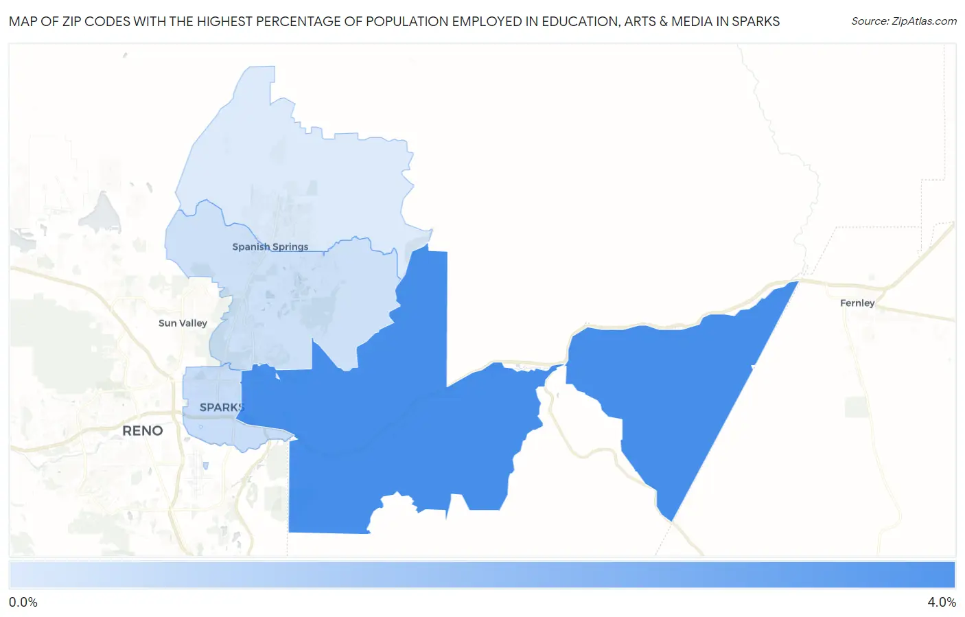 Zip Codes with the Highest Percentage of Population Employed in Education, Arts & Media in Sparks Map
