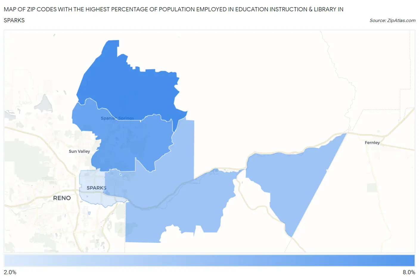 Zip Codes with the Highest Percentage of Population Employed in Education Instruction & Library in Sparks Map