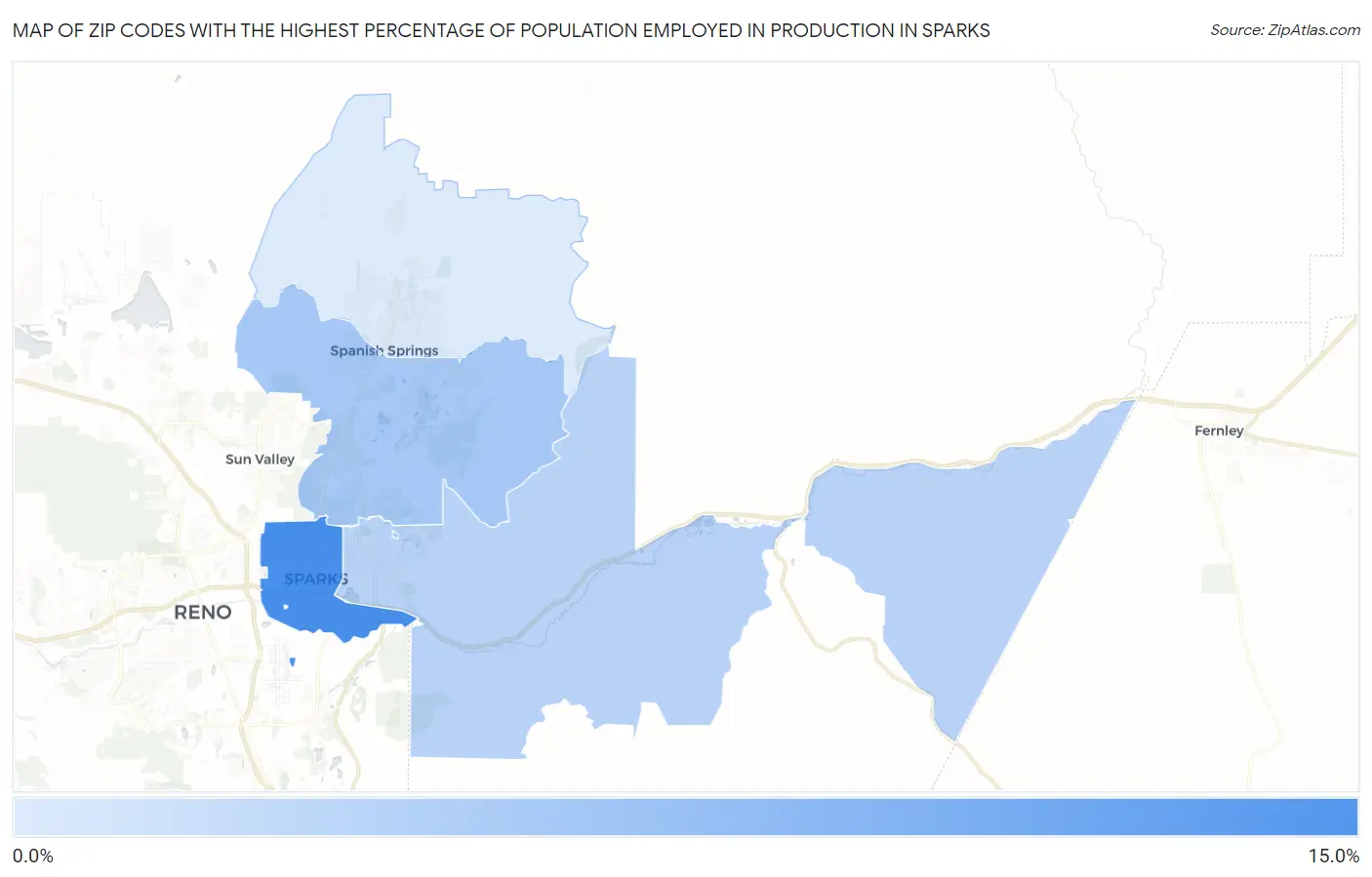 Zip Codes with the Highest Percentage of Population Employed in Production in Sparks Map
