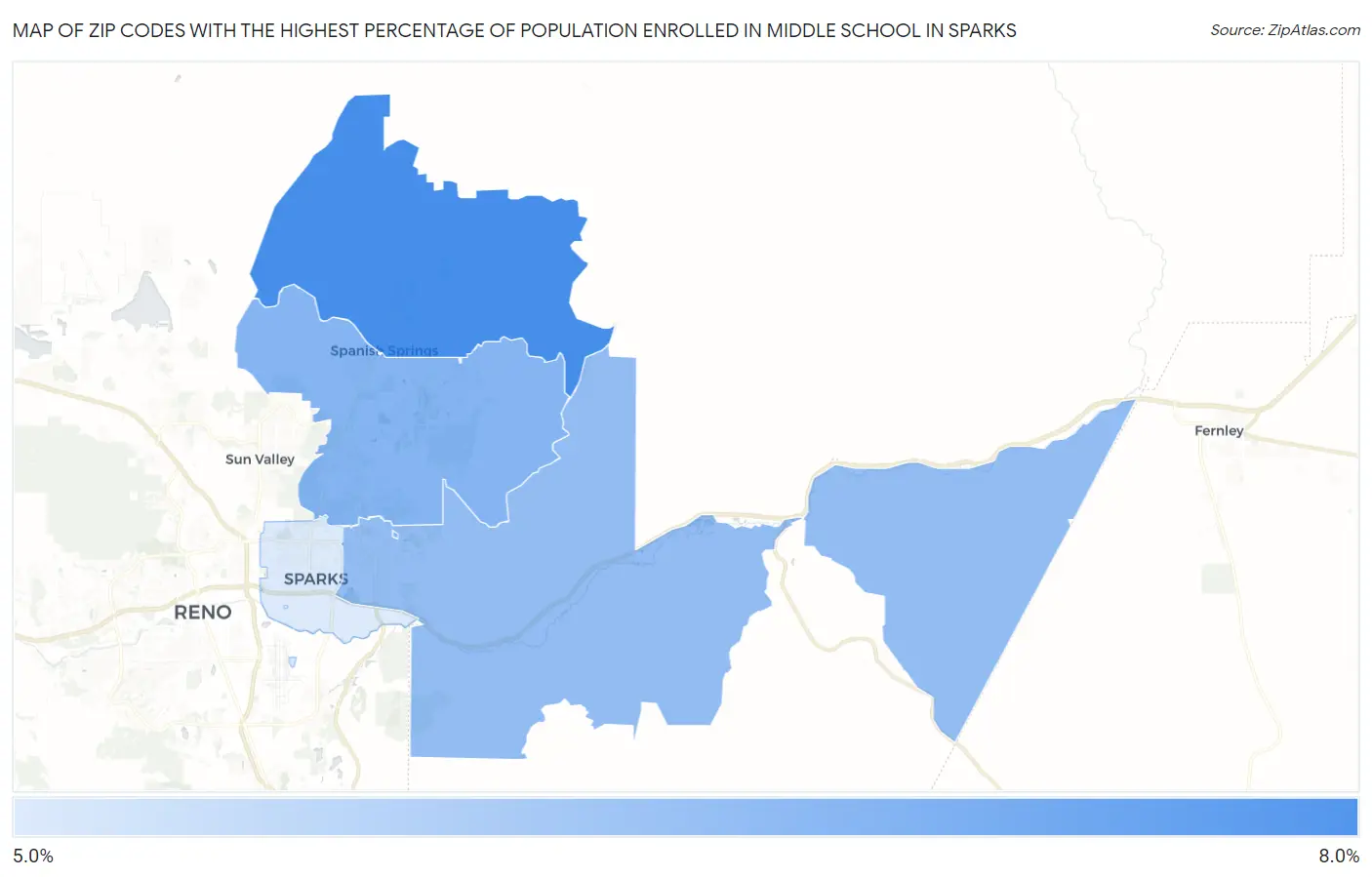 Zip Codes with the Highest Percentage of Population Enrolled in Middle School in Sparks Map