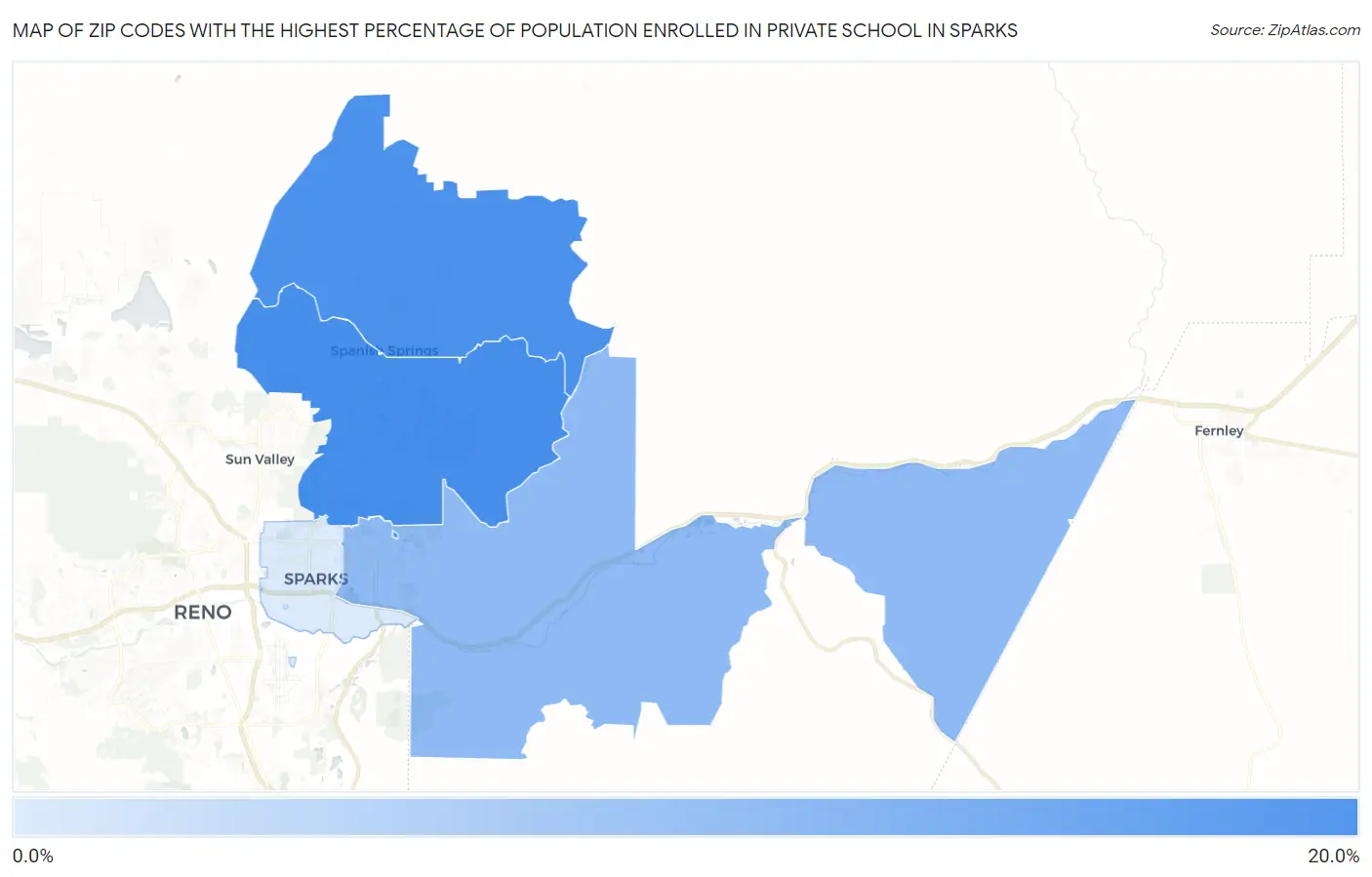 Zip Codes with the Highest Percentage of Population Enrolled in Private School in Sparks Map