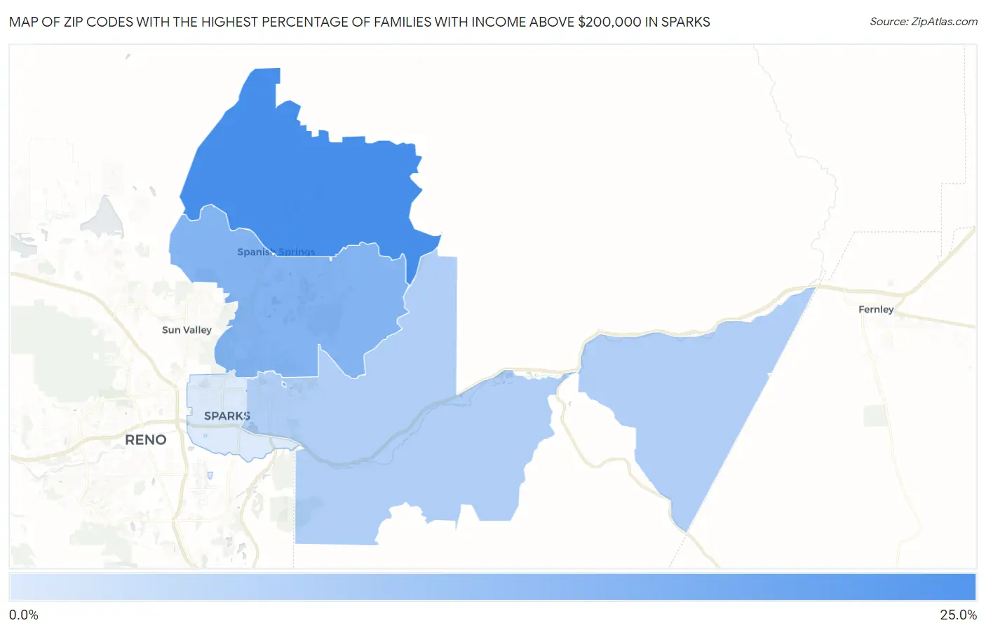 Zip Codes with the Highest Percentage of Families with Income Above $200,000 in Sparks Map