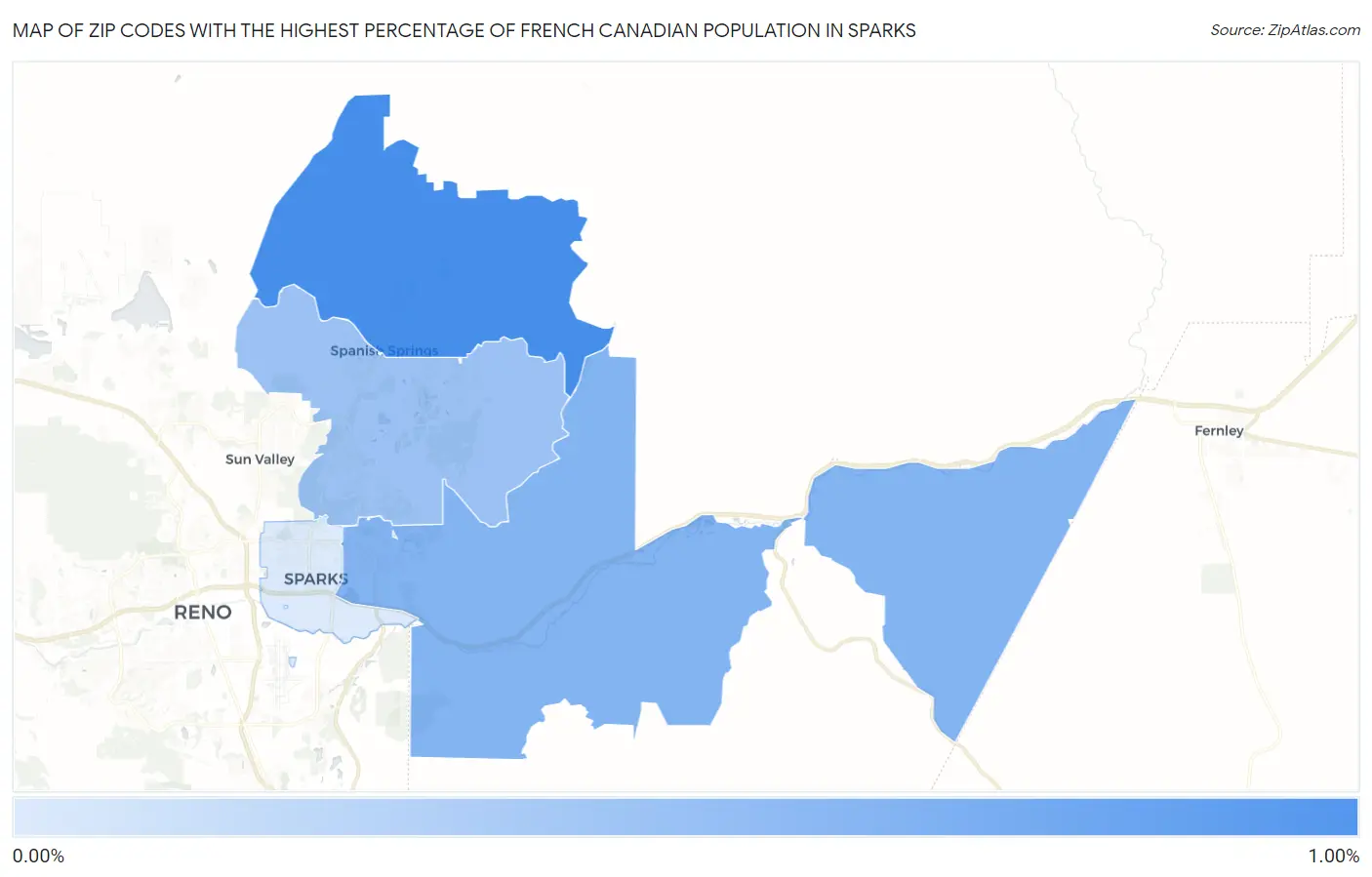 Zip Codes with the Highest Percentage of French Canadian Population in Sparks Map