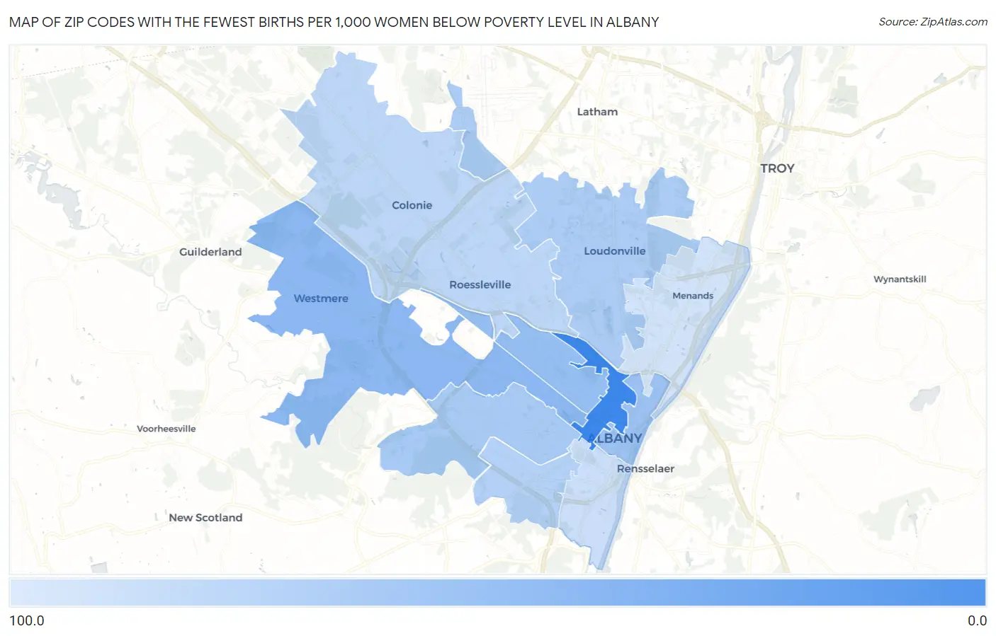 Zip Codes with the Fewest Births per 1,000 Women Below Poverty Level in Albany Map