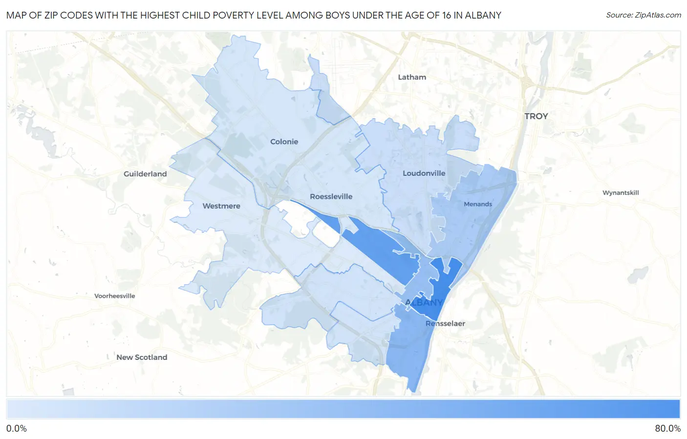 Zip Codes with the Highest Child Poverty Level Among Boys Under the Age of 16 in Albany Map