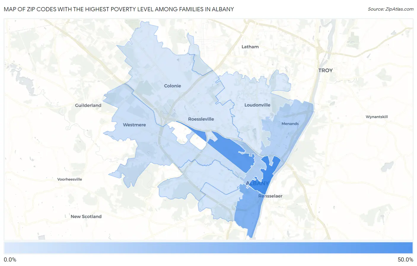 Zip Codes with the Highest Poverty Level Among Families in Albany Map