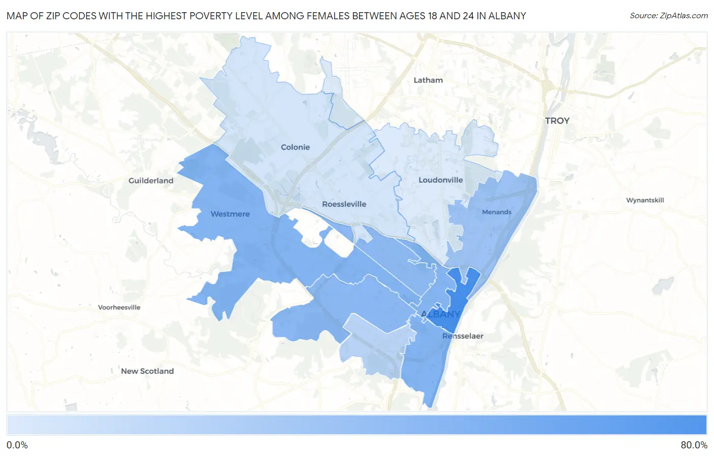 Zip Codes with the Highest Poverty Level Among Females Between Ages 18 and 24 in Albany Map