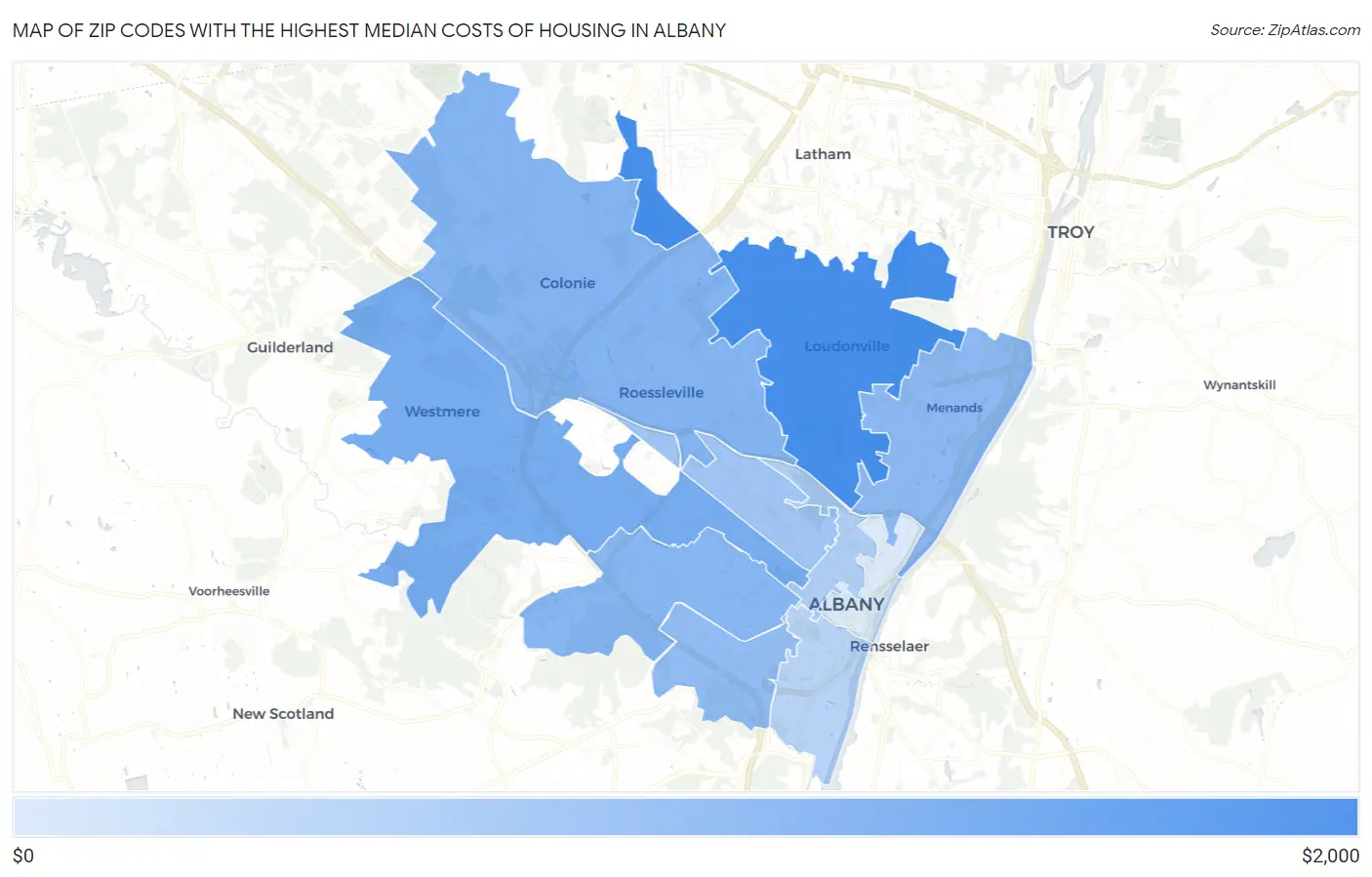 Zip Codes with the Highest Median Costs of Housing in Albany Map