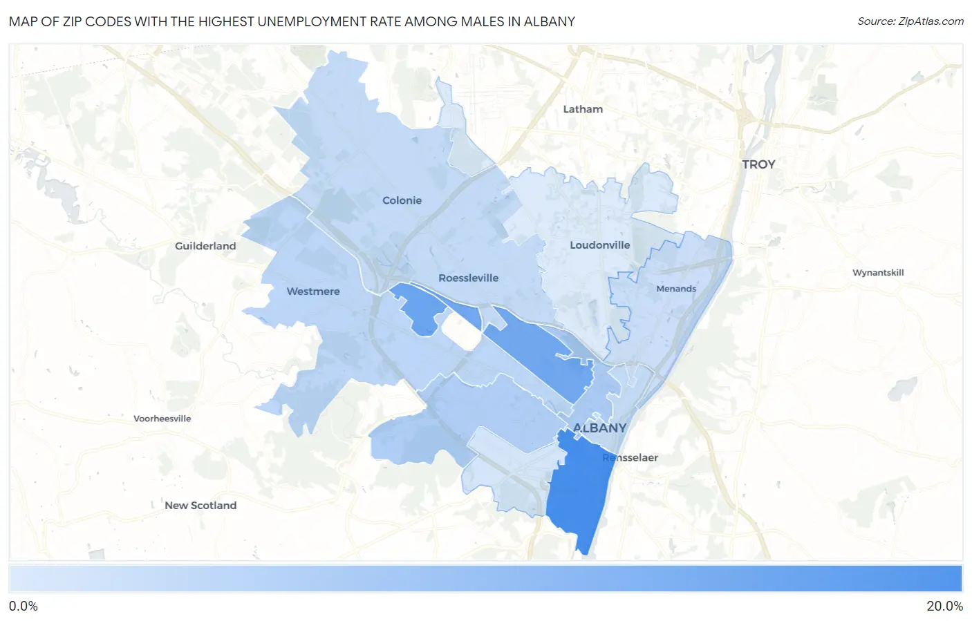 Zip Codes with the Highest Unemployment Rate Among Males in Albany Map