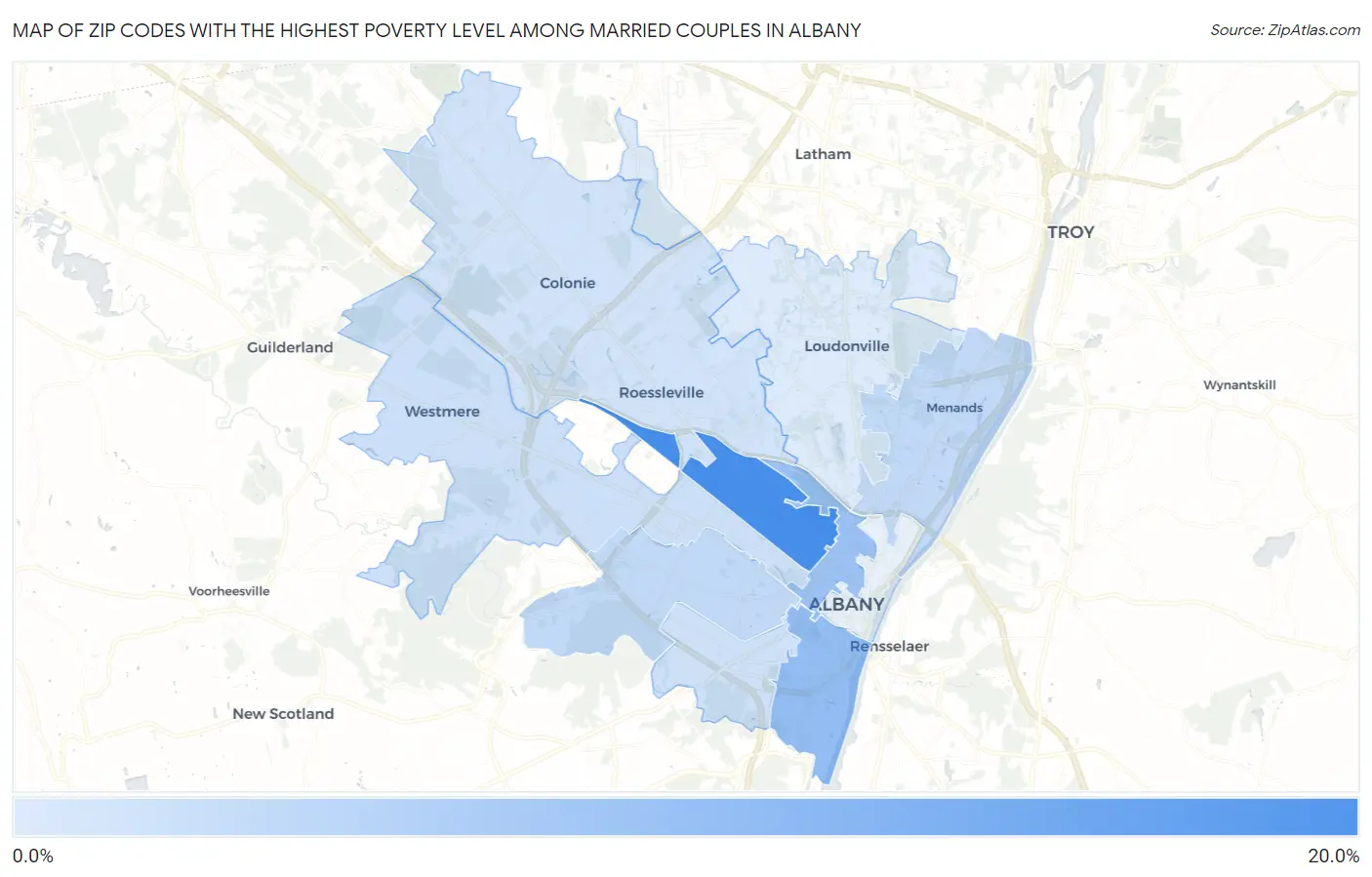 Zip Codes with the Highest Poverty Level Among Married Couples in Albany Map