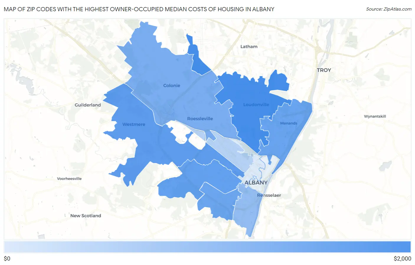 Zip Codes with the Highest Owner-Occupied Median Costs of Housing in Albany Map
