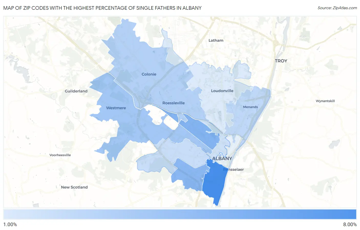 Zip Codes with the Highest Percentage of Single Fathers in Albany Map