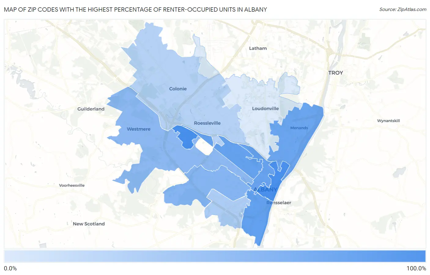 Zip Codes with the Highest Percentage of Renter-Occupied Units in Albany Map