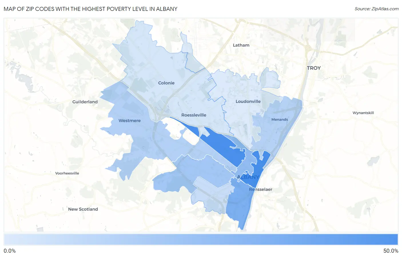 Zip Codes with the Highest Poverty Level in Albany Map