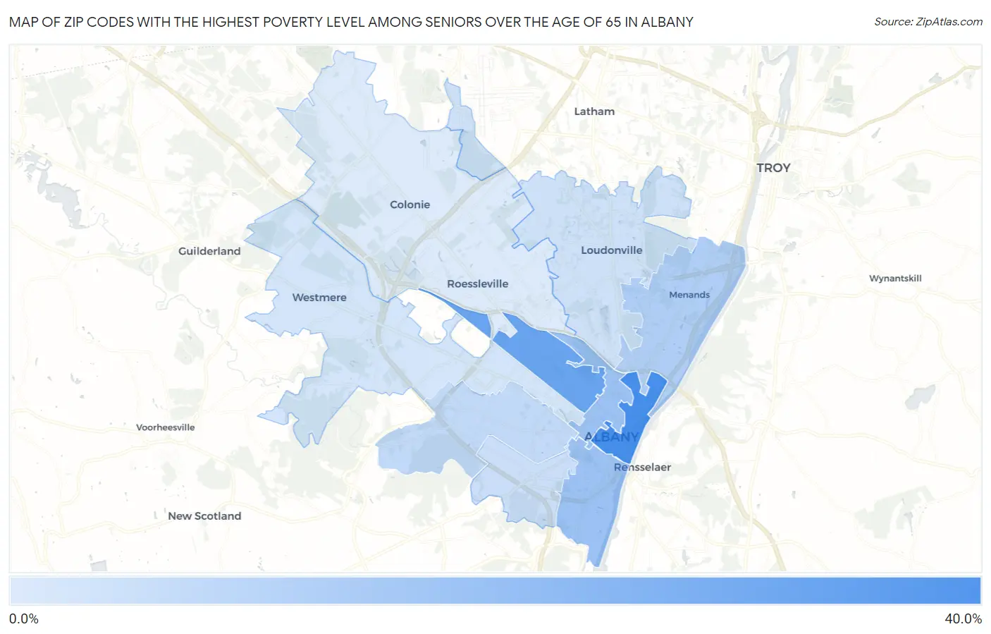 Zip Codes with the Highest Poverty Level Among Seniors Over the Age of 65 in Albany Map