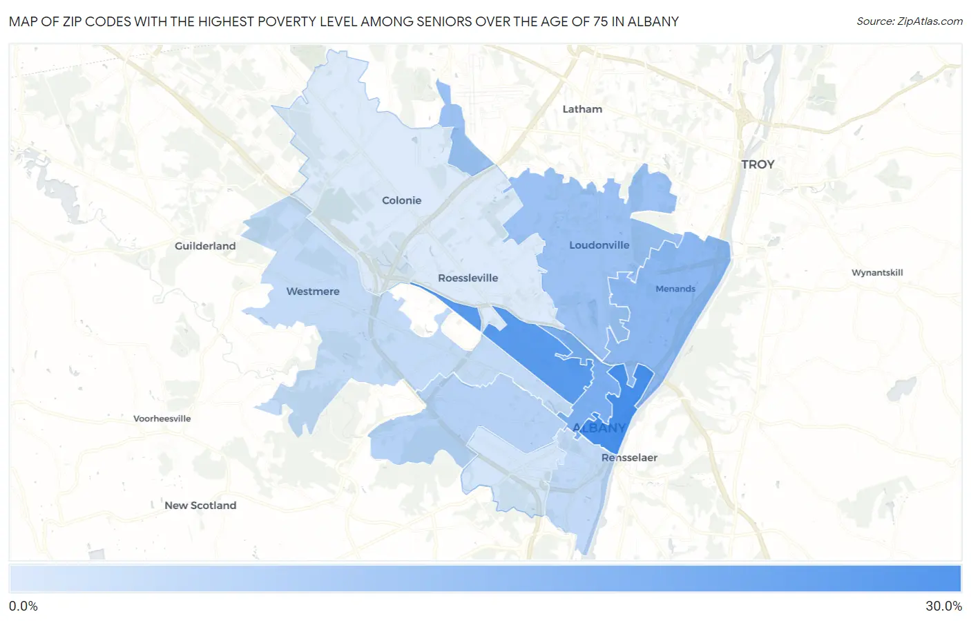Zip Codes with the Highest Poverty Level Among Seniors Over the Age of 75 in Albany Map