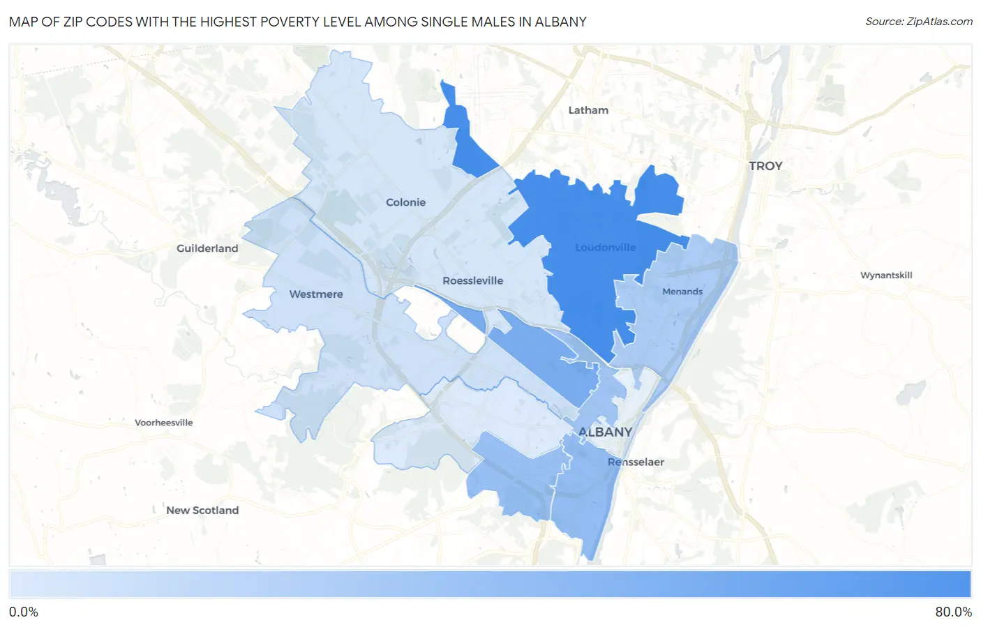 Zip Codes with the Highest Poverty Level Among Single Males in Albany Map