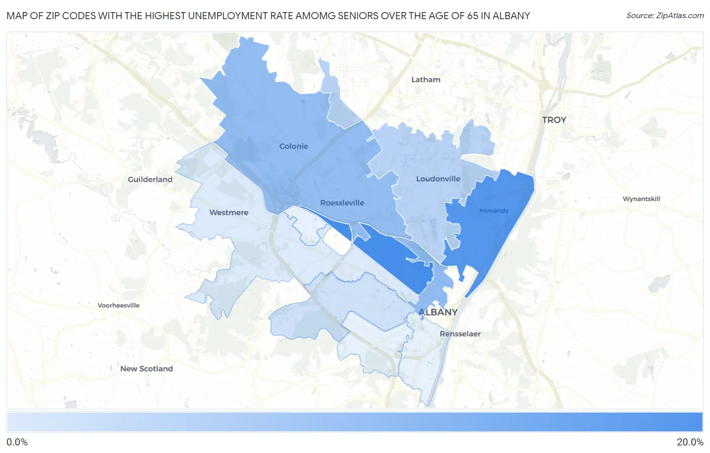 Zip Codes with the Highest Unemployment Rate Amomg Seniors Over the Age of 65 in Albany Map