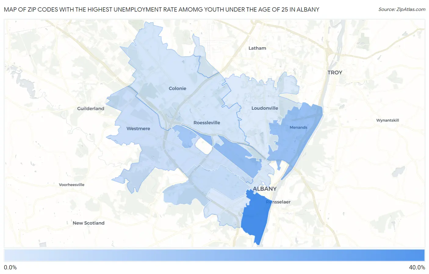 Zip Codes with the Highest Unemployment Rate Amomg Youth Under the Age of 25 in Albany Map