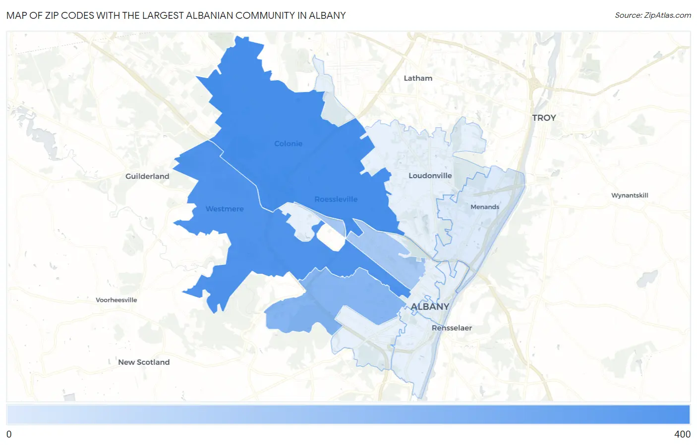 Zip Codes with the Largest Albanian Community in Albany Map