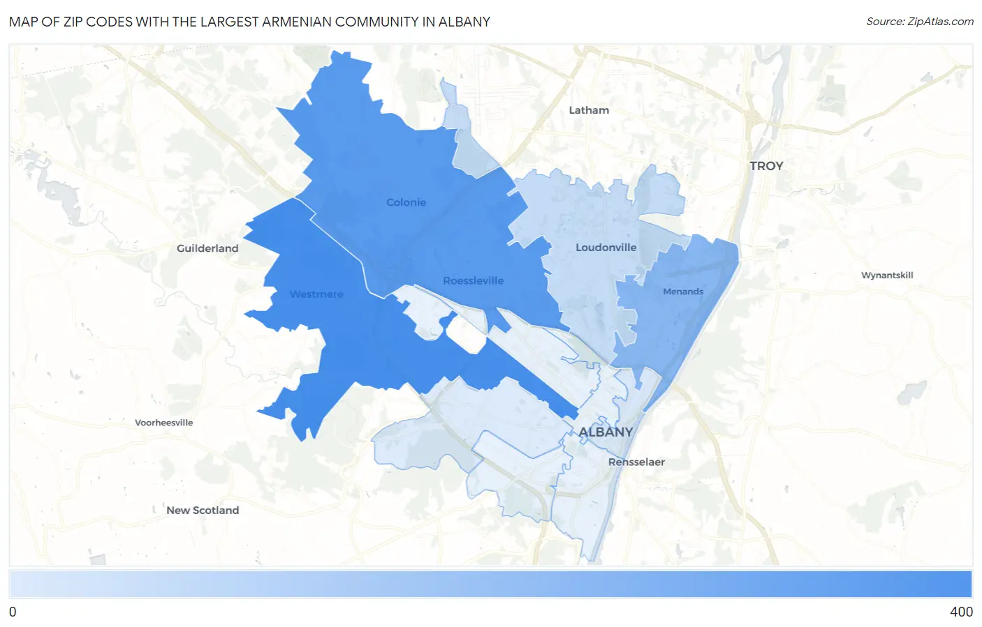 Zip Codes with the Largest Armenian Community in Albany Map
