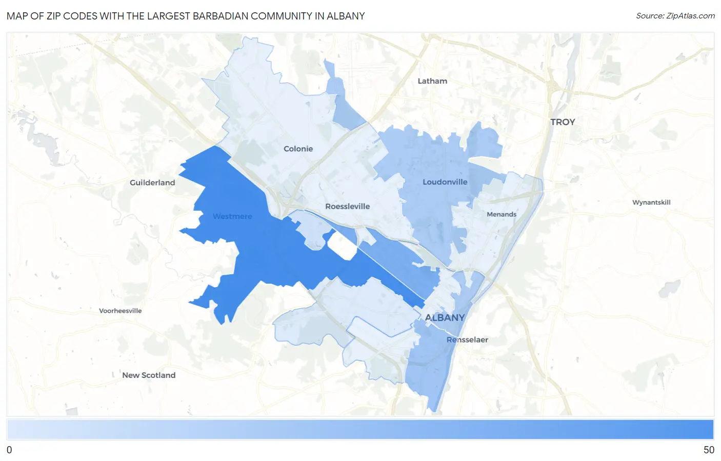 Zip Codes with the Largest Barbadian Community in Albany Map