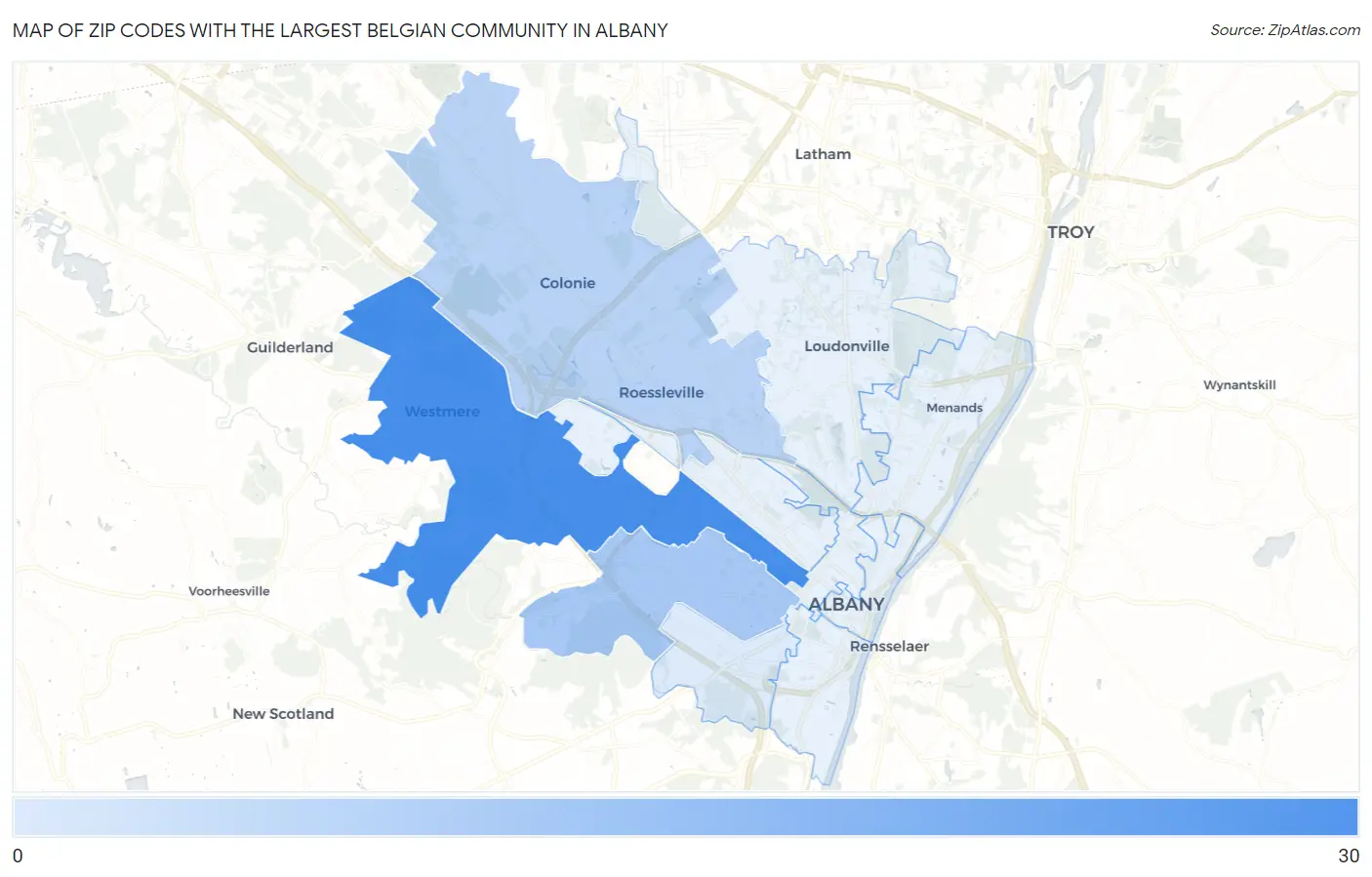 Zip Codes with the Largest Belgian Community in Albany Map