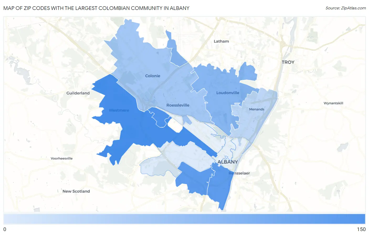 Zip Codes with the Largest Colombian Community in Albany Map