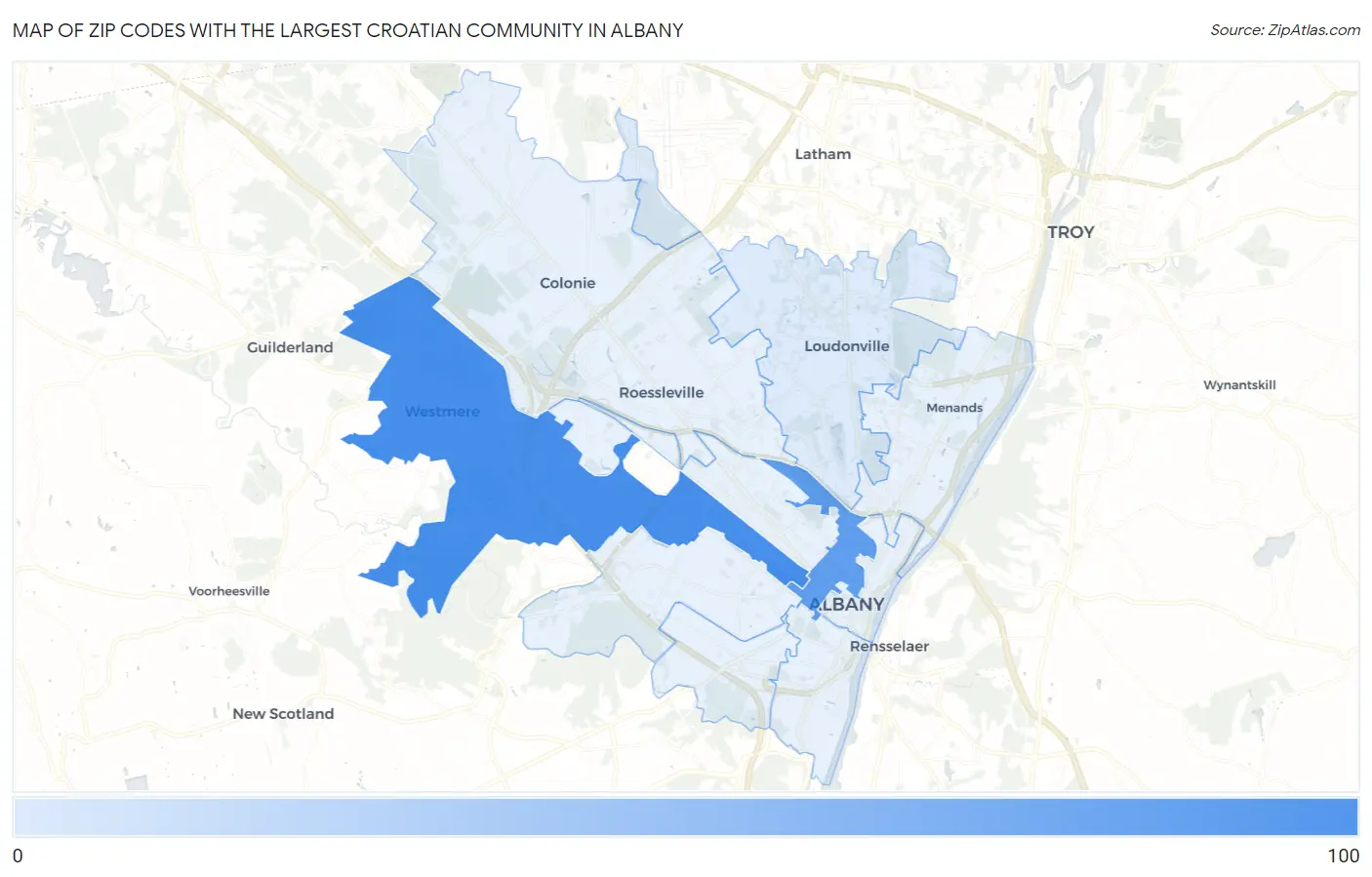 Zip Codes with the Largest Croatian Community in Albany Map