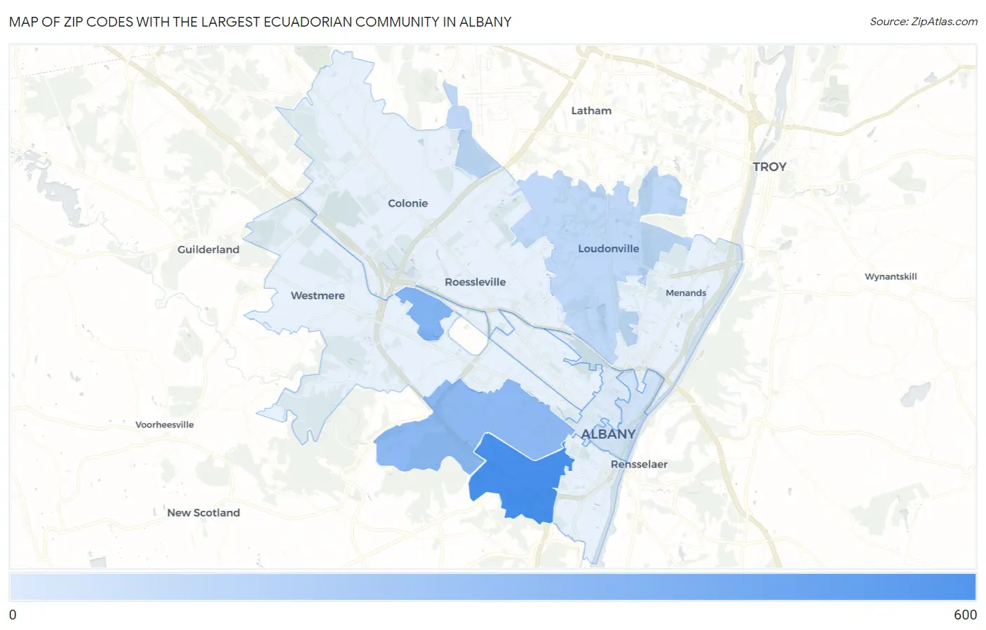 Zip Codes with the Largest Ecuadorian Community in Albany Map