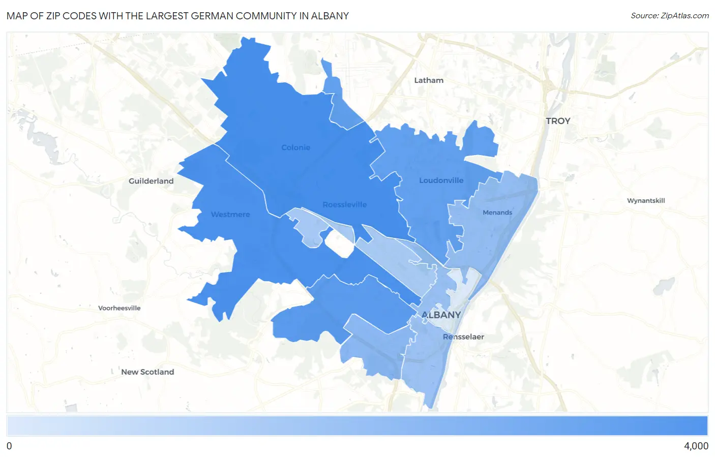 Zip Codes with the Largest German Community in Albany Map