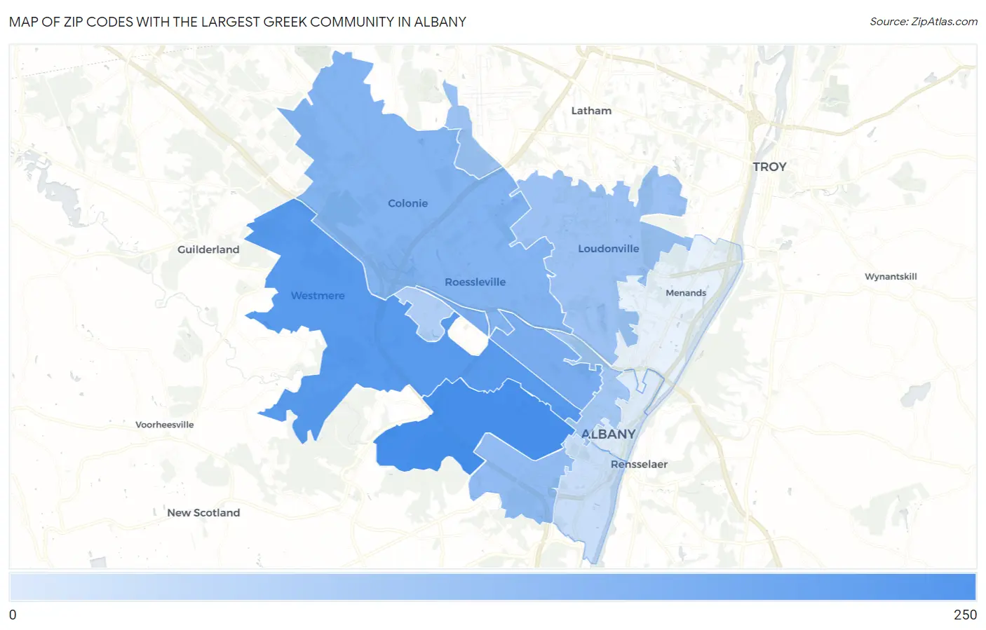 Zip Codes with the Largest Greek Community in Albany Map