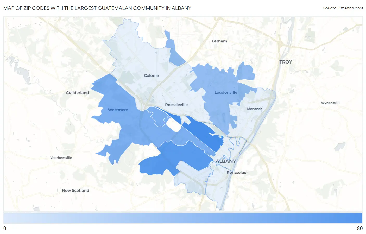 Zip Codes with the Largest Guatemalan Community in Albany Map